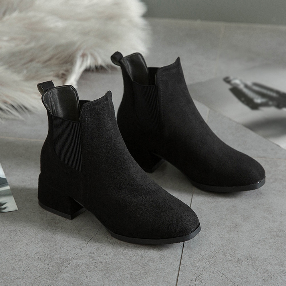 Black Ankle Boots for Women Thick Heel 